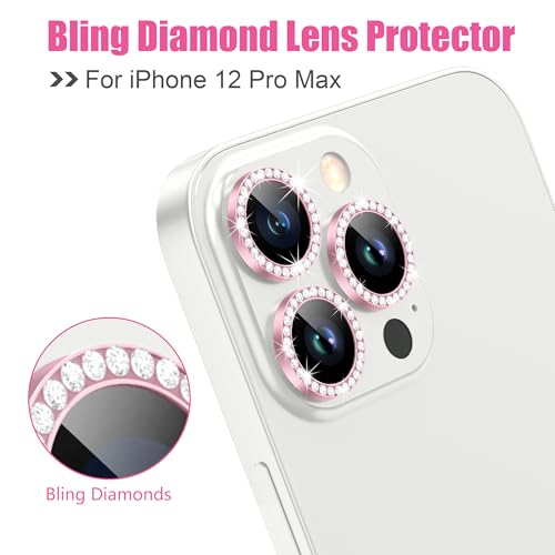 AGVEE 3+3 6 Pack for iPhone 12 Pro Max 6.7" Camera Lens Protector, Bling Diamond & Bling Glitter Metal Ring 9H Tempered HD Glass Camera Cover Film, Bling-Pink - Image 4