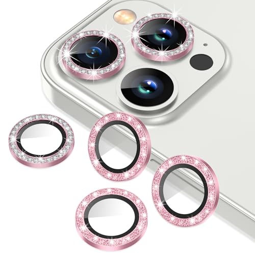 AGVEE 3+3 6 Pack for iPhone 12 Pro Max 6.7" Camera Lens Protector, Bling Diamond & Bling Glitter Metal Ring 9H Tempered HD Glass Camera Cover Film, Bling-Pink - Image 1