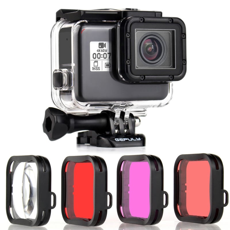 GEPULY Waterproof Housing Case with Diving Filters for GoPro Hero 5 6 7 Black Hero (2018) Cameras - 45M Underwater Diving Housing Shell with Red/Light Red/Magenta / 5X Close-up Filters - Image 1