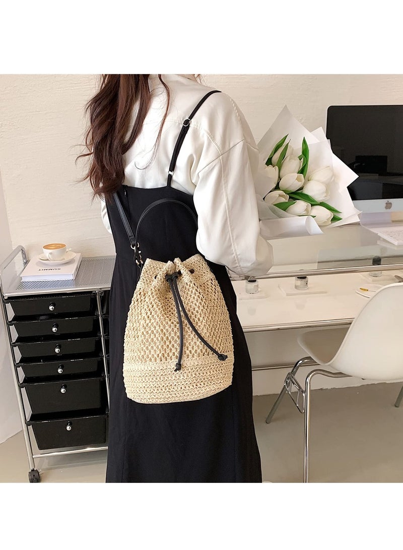 حقيبة دلو من القش مصنوعة يدويًا للنساء حقيبة شاطئ بوهيمية لحمل على الكتف محفظة من الخيزران لعطلة الصيف والسفر - Image 2