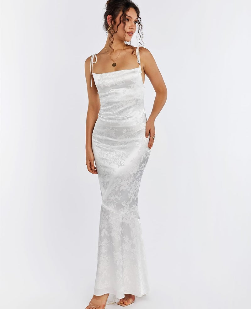 GLNEGE Women's Satin Formal Wedding Guest Maxi Dress Elegant Spaghetti Strap Lace Up Bodycon Evening Cocktail Prom Dresses White - Image 4