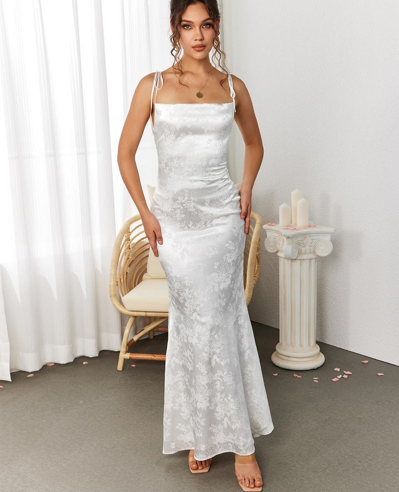 GLNEGE Women's Satin Formal Wedding Guest Maxi Dress Elegant Spaghetti Strap Lace Up Bodycon Evening Cocktail Prom Dresses White - Image 2