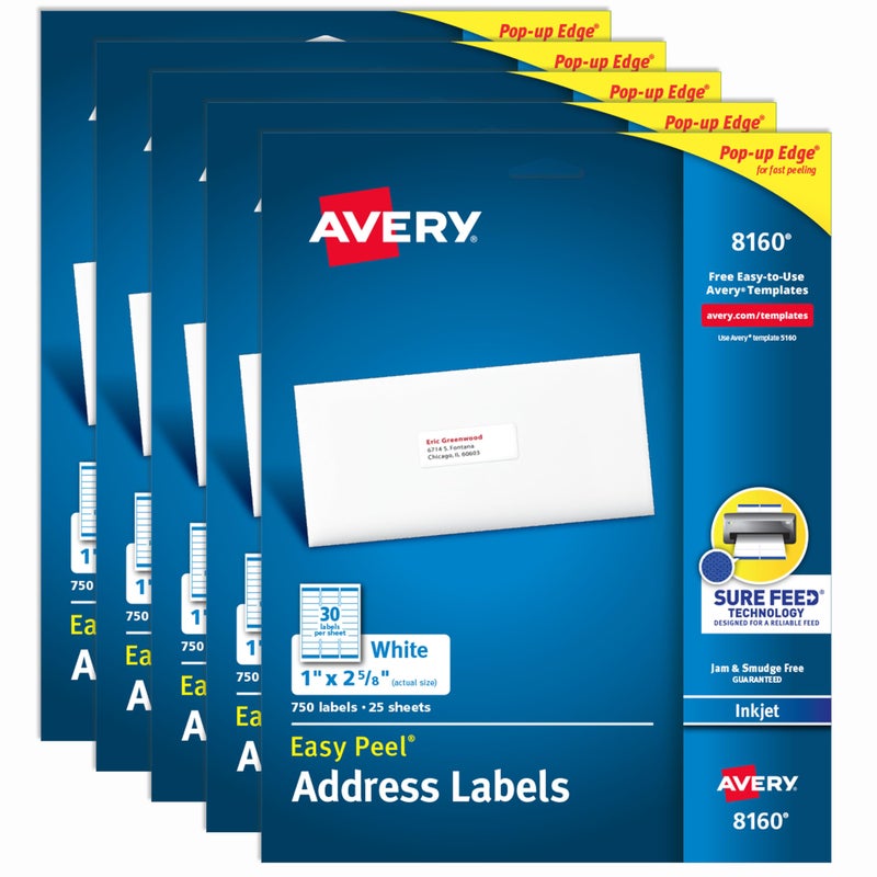 Avery Easy Peel Printable Address Labels with Sure Feed 1 x 258 Customizable Stickers White 3750 Blank Mailing Labels Great for Mailing Shipping and More 5Pack of 8160