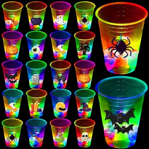 mishunyus 40 Pcs Glow in The Dark Halloween Party Cups Pumpkin Bat Ghost Theme Plastic Drinkware for Adults Party Supplies - Image 1