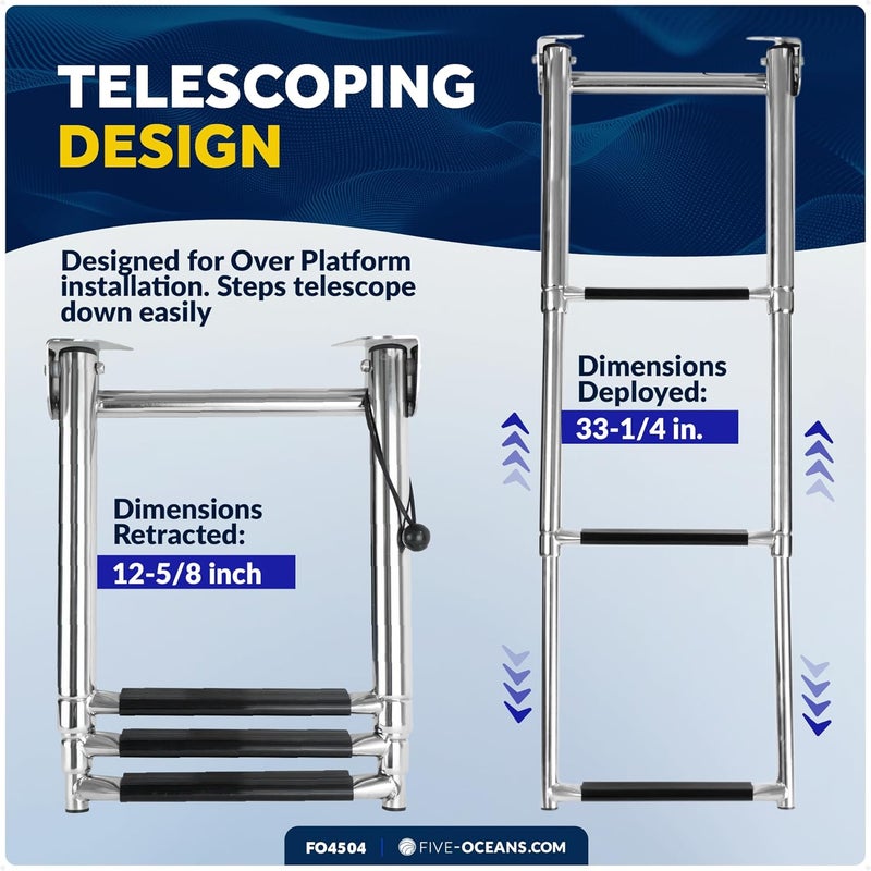 Five Oceans 3-Step Marine Slide Mount Telescoping Ladder, Stainless Steel with Rubber Grips, Pontoon, Fishing, Bass, Sport Boats, Sailboats FO4504 - Image 4