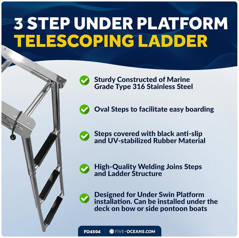 Five Oceans 3-Step Marine Slide Mount Telescoping Ladder, Stainless Steel with Rubber Grips, Pontoon, Fishing, Bass, Sport Boats, Sailboats FO4504 - Image 2