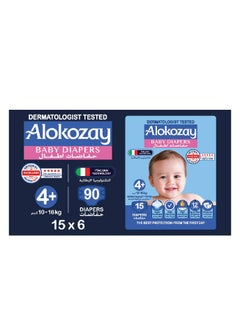Premium Baby Diapers - Size 4+ (10-16 Kg) Leakage Protection & No Rashe - 15 Diapers X Pack of 6 - 90 Diapers Count