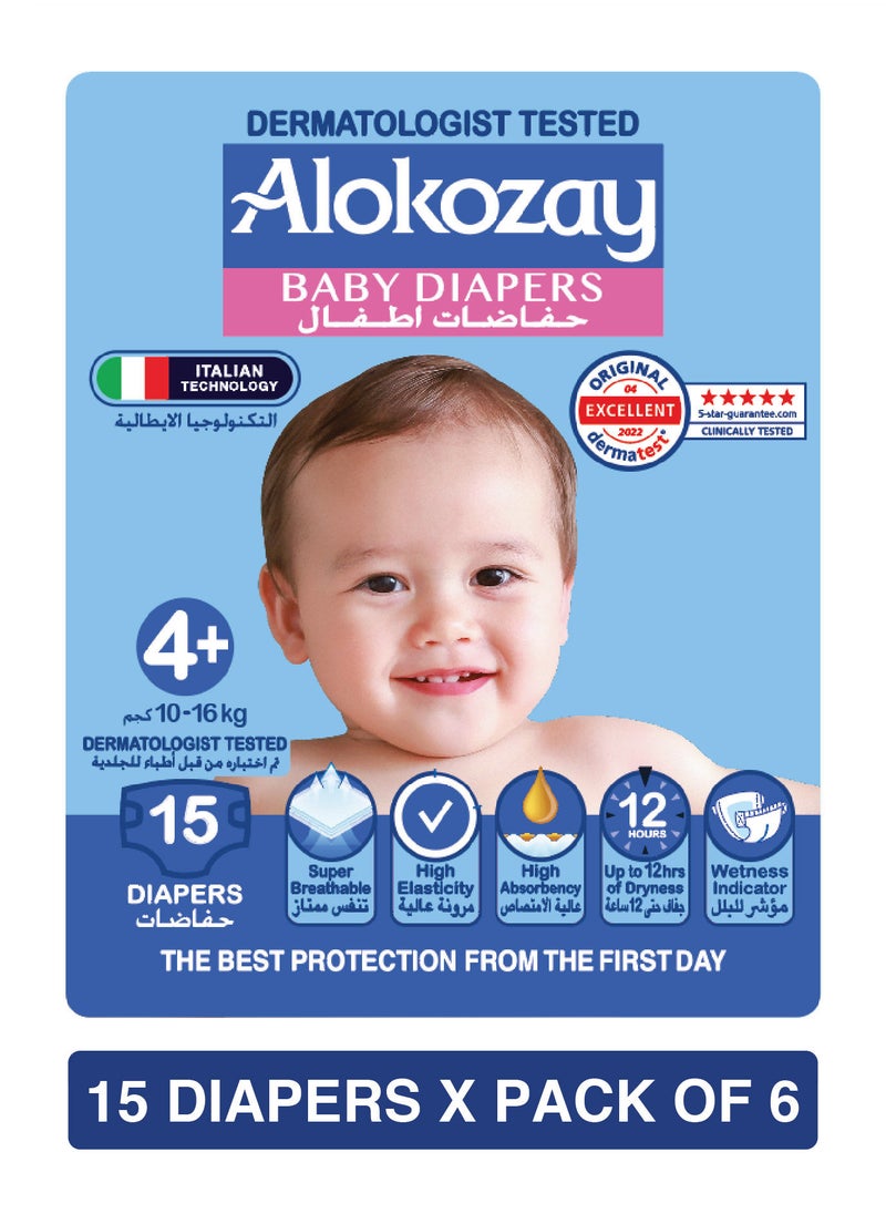 Alokozay - Premium Baby Diapers - Size 4+ (10-16 Kg) Leakage Protection & No Rashe - 15 Diapers X Pack of 6 - 90 Diapers Count - Image 1