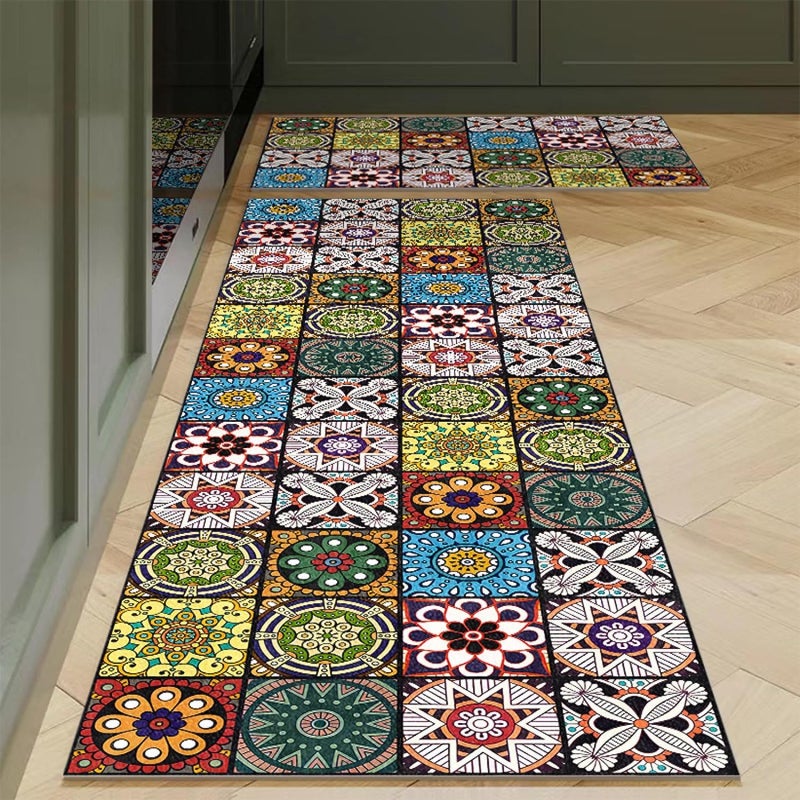 Kresal Kitchen Rugs Mats Non Skid Washable Set of 2 Abstract Floral Ethnic Pattern Kitchen Mats for Floor Vintage Geometric Kitchen Runner Rug Modern Kitchen Decor