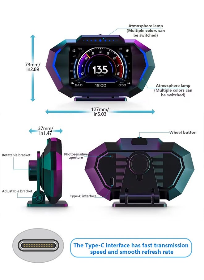 ديقيساند - شاشة عرض عالية الدقة OBD + GPS HUD للسيارة على كمبيوتر اللوحة عداد السرعة الرقمي ودرجة حرارة الماء واستهلاك الوقود ومقياس المنحدر لمعظم المركبات بعد عام 2008 - Image 1