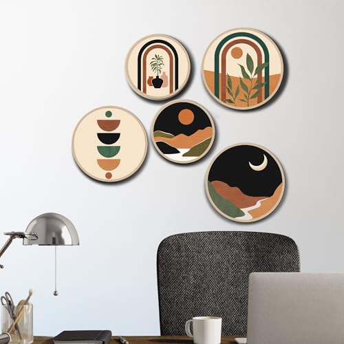 Nozvera Boho Geometric Wall Art Set of 5 – Modern Abstract Round Prints with Moon, Sun, Arches, and Nature Designs – Minimalist Aesthetic Wall Decor for Living Room or Bedroom - Image 2