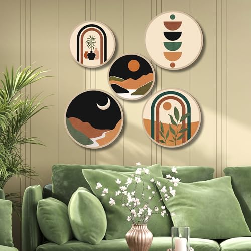 Nozvera Boho Geometric Wall Art Set of 5 – Modern Abstract Round Prints with Moon, Sun, Arches, and Nature Designs – Minimalist Aesthetic Wall Decor for Living Room or Bedroom - Image 1