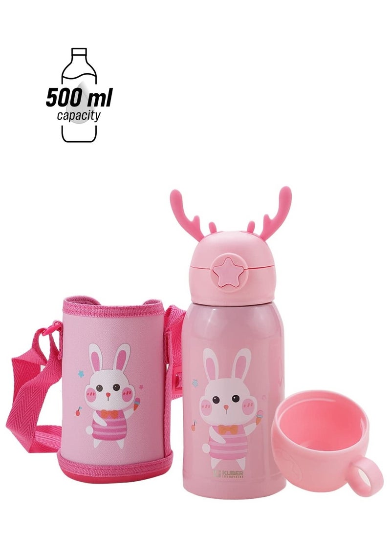 Kuber Industries Water Bottle For Kids Bunny Design Stainless Steel Flask With Straw Cup & Fabric Cover Sipper Bottle 500ml - Image 1
