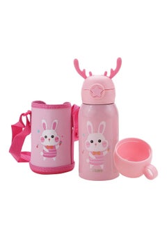 Water Bottle For Kids Bunny Design Stainless Steel Flask With Straw Cup & Fabric Cover Sipper Bottle 500ml