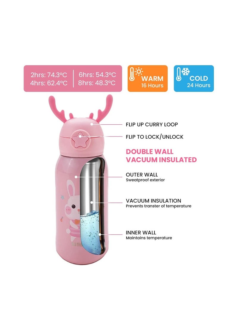 Kuber Industries - Water Bottle For Kids Bunny Design Stainless Steel Flask With Straw Cup & Fabric Cover Sipper Bottle 500ml - Image 1