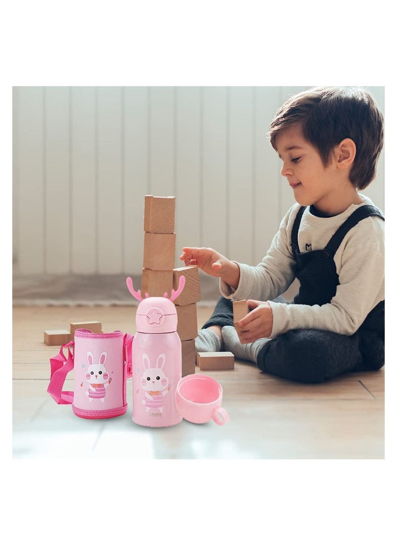 Kuber Industries - Water Bottle For Kids Bunny Design Stainless Steel Flask With Straw Cup & Fabric Cover Sipper Bottle 500ml - Image 1