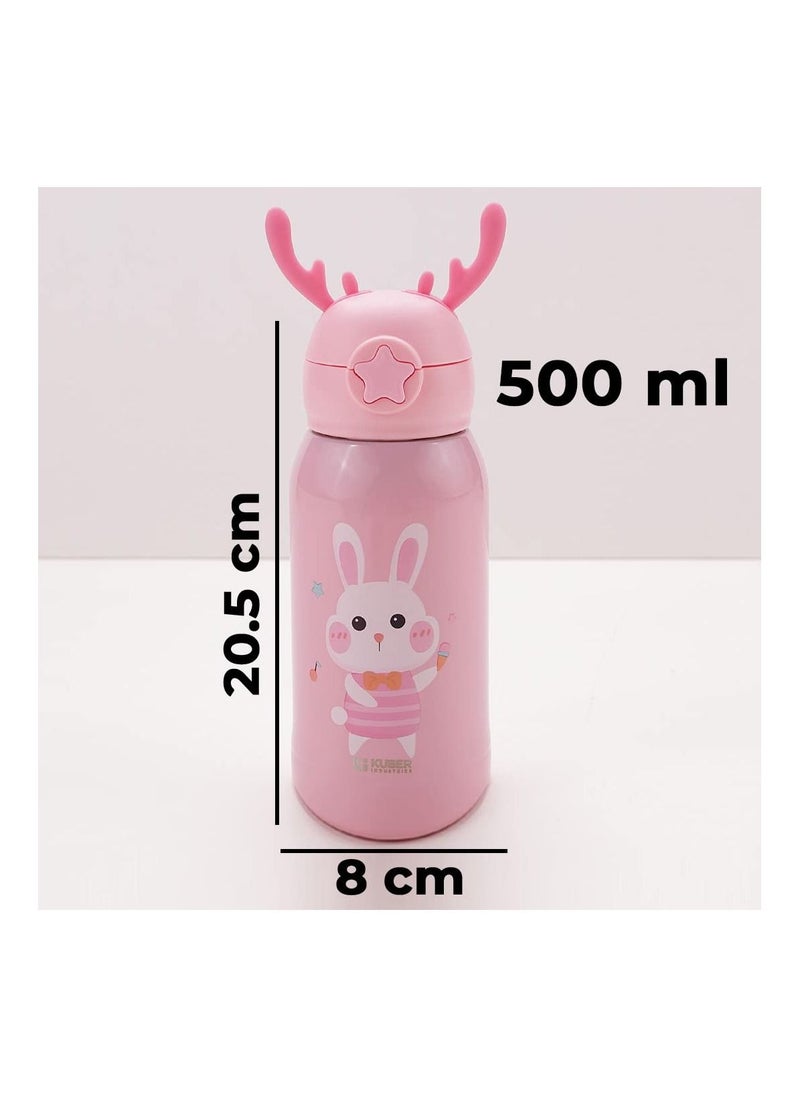 Kuber Industries - Water Bottle For Kids Bunny Design Stainless Steel Flask With Straw Cup & Fabric Cover Sipper Bottle 500ml - Image 1