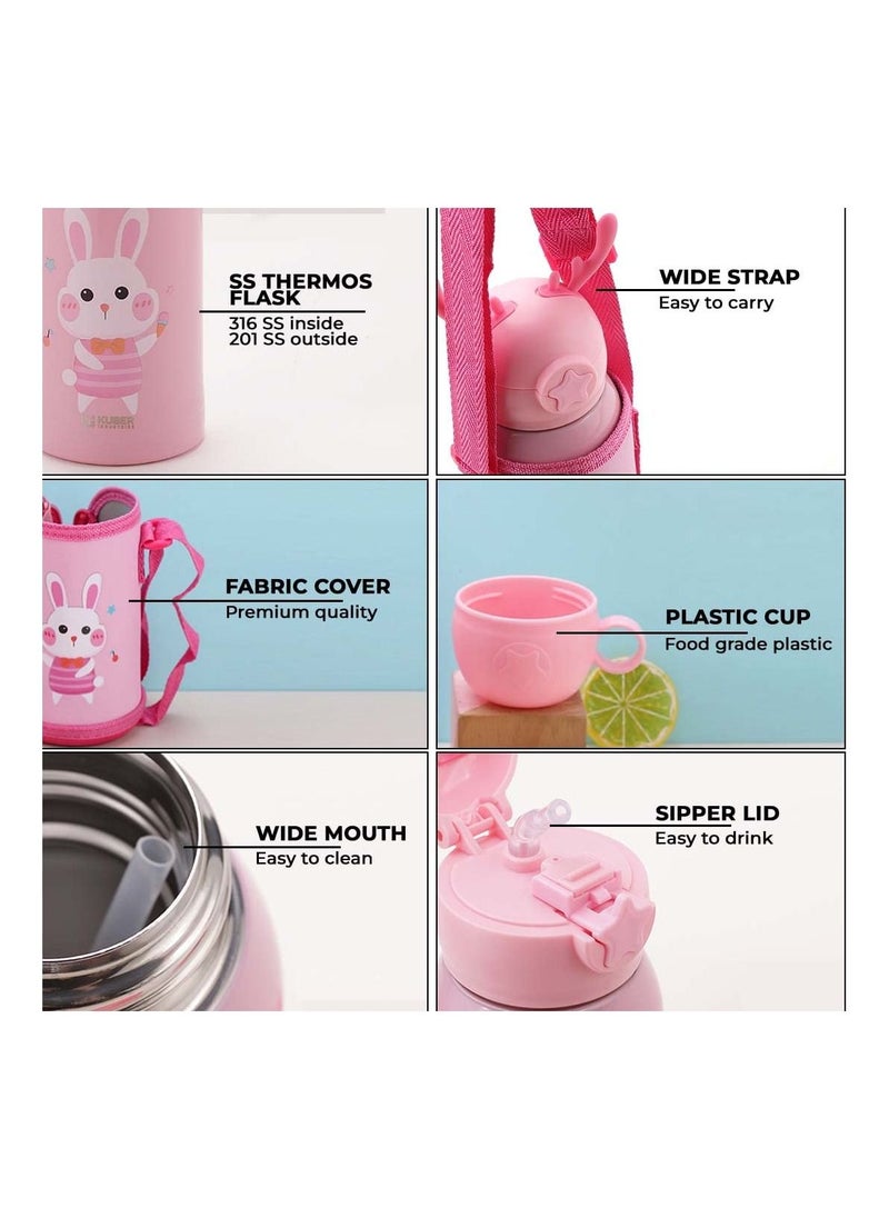 Kuber Industries - Water Bottle For Kids Bunny Design Stainless Steel Flask With Straw Cup & Fabric Cover Sipper Bottle 500ml - Image 1