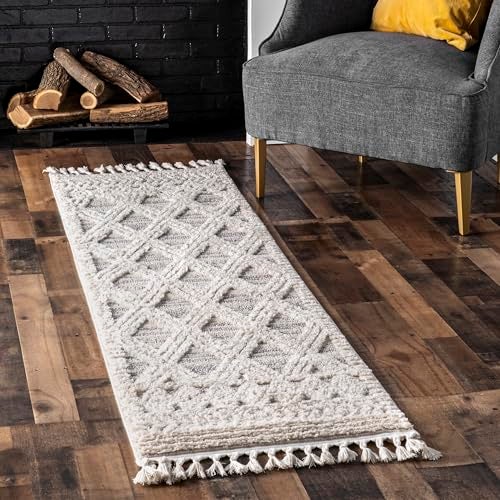 nuLOOM 26 x 12 Ansley Moroccan Tassel Area Rug Light Grey HighLow Textured Bohemian Design Plush High Pile Stain Resistant For Bedroom Living Room Hallway Entryway - Image 1