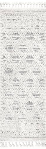 nuLOOM 26 x 12 Ansley Moroccan Tassel Area Rug Light Grey HighLow Textured Bohemian Design Plush High Pile Stain Resistant For Bedroom Living Room Hallway Entryway - Image 3