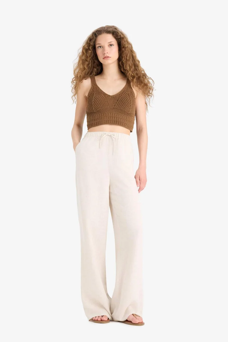 ديفاكتو High Waist Linen Blend Wide Leg Trousers