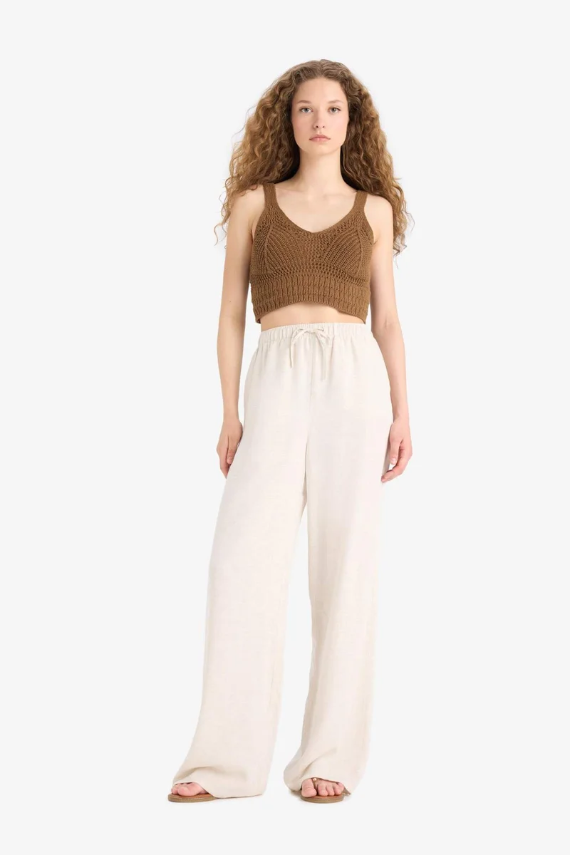 ديفاكتو High Waist Linen Blend Wide Leg Trousers