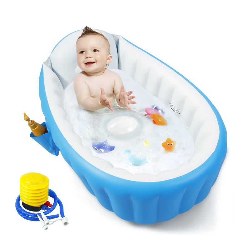 PandaEar Baby Inflatable Bathtub, Portable Travel Baby Infant Bath Tub Toddler Bathtub with Air Pump, Foldable Non-Slip Shower Basin Mini Air Swimming Pool for Newborn (Blue) - Image 1