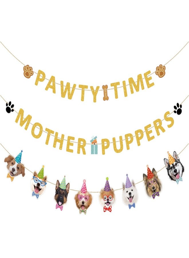 Woanger 3 Pieces Let's Pawty Banner Gold Glitter Mother Puppers Pawty Time Banners for Dog Birthday Party Supplies and Decorations - Image 1