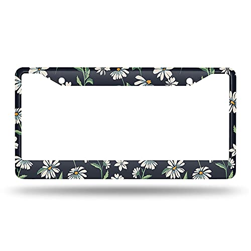 Beabes Cute Daisy Print License Plate Frame Auto Tag Frames Vintage Flower License Plates Holder 2 Holes White Green Black Decorative Car Truck Motorcycle License Plates Tag for Men Women - Image 2