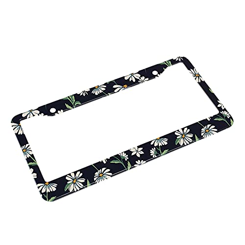 Beabes Cute Daisy Print License Plate Frame Auto Tag Frames Vintage Flower License Plates Holder 2 Holes White Green Black Decorative Car Truck Motorcycle License Plates Tag for Men Women - Image 4