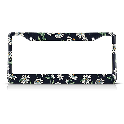 Beabes Cute Daisy Print License Plate Frame Auto Tag Frames Vintage Flower License Plates Holder 2 Holes White Green Black Decorative Car Truck Motorcycle License Plates Tag for Men Women - Image 1