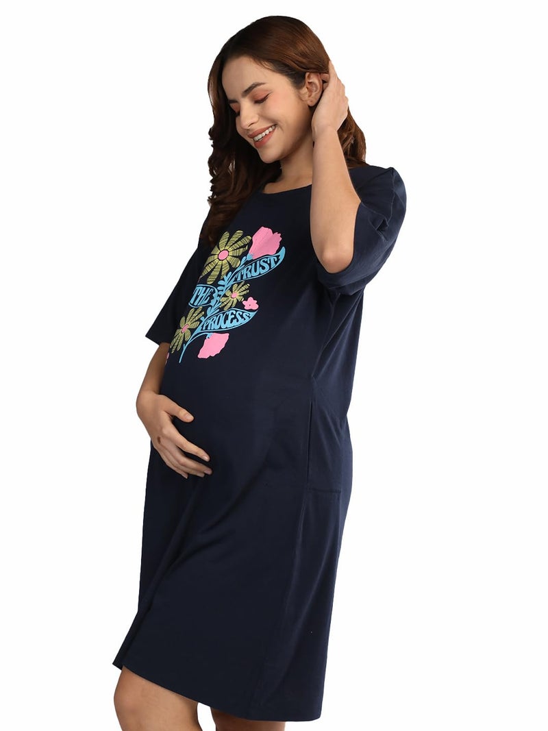Duchess Mom T-Shirt Dress | Night Dress | Loose Fit | Pre and Post Pregnancy Navy - Image 1