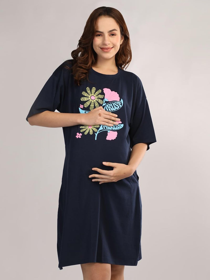 Duchess Mom T-Shirt Dress | Night Dress | Loose Fit | Pre and Post Pregnancy Navy - Image 5