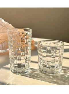 Angmei 2pcs(1 high +1 low) Glass Water Cup Drinking Glasses Set Durable and Stylish for Water Glass. Juice Glass Cups and Mixed Drink Tumblers. embossed water cup glass high temperature resistant home juice coffee cold drink cup  - Image 1