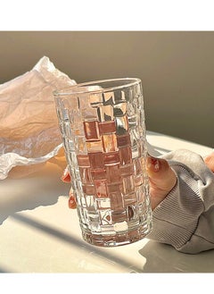 Angmei 2pcs(1 high +1 low) Glass Water Cup Drinking Glasses Set Durable and Stylish for Water Glass. Juice Glass Cups and Mixed Drink Tumblers. embossed water cup glass high temperature resistant home juice coffee cold drink cup  - Image 2