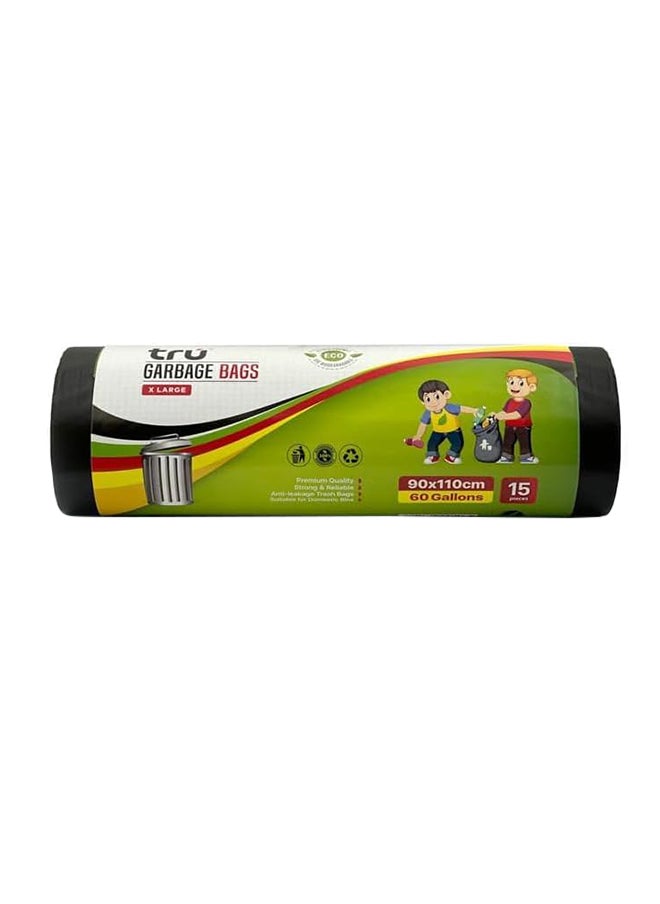 Tru Garbage Bags Roll Black 90x110cm 60 Gallon X-Large (Street bin bags) - 15 Bags  - Image 1