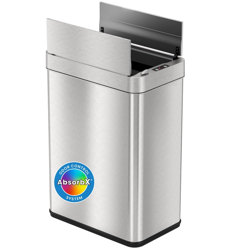 iTouchless 13 Gallon Wings-Open Kitchen Trash Can with Lid and Odor Filter, Stainless Steel, Dog Proof Automatic TrashCan Garbage Bin for Home Office Work Bedroom Living Room Garage Slim Wastebasket - Image 1