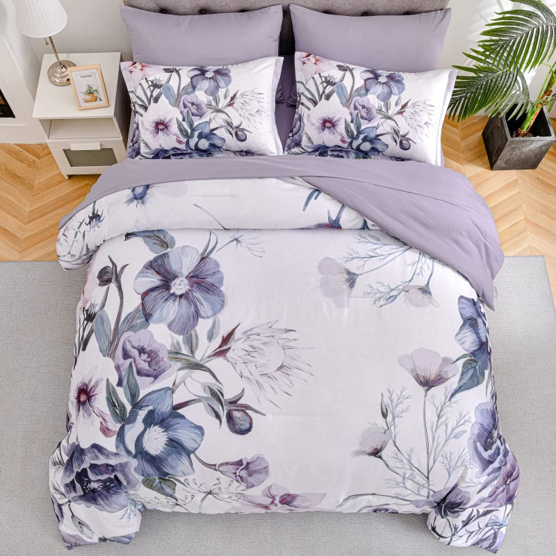 Luxudecor Floral Comforter Set King Size 7 Piece, Purple Flower Bed in a Bag, Elegant Floral Comforter with Sheet Set, Soft Microfiber Bedding Set for All Season (Purple, 104"x90") - Image 3