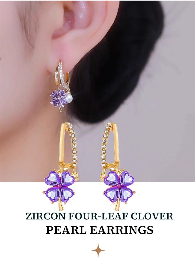 Generic Amethyst crystal clover floral pearl earrings for women - a luxurious and sophisticated fashion statement that exudes elegance. The perfect gift for your girlfriend, wife, mother, or bridesmaid.  - Image 1
