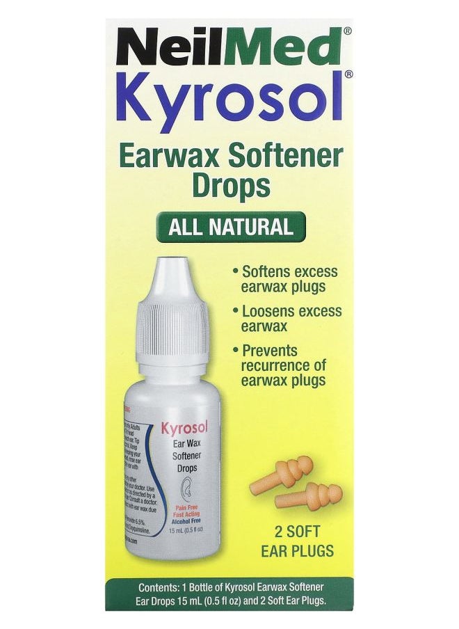 NeilMed Kyrosol Earwax Softener Drops 0.5 fl oz (15 ml) and 2 Soft Ear Plugs 