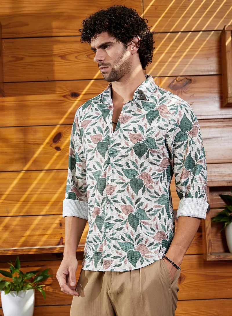 CAHOOT  Men's Forest Green & Off-White Foliage-Impressions Shirt for Men | Best Price UAE