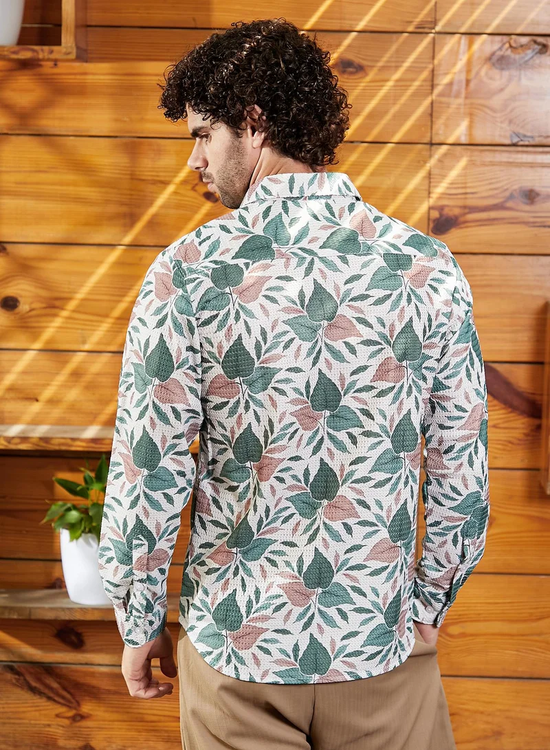 CAHOOT  Men's Forest Green & Off-White Foliage-Impressions Shirt for Men | Best Price UAE