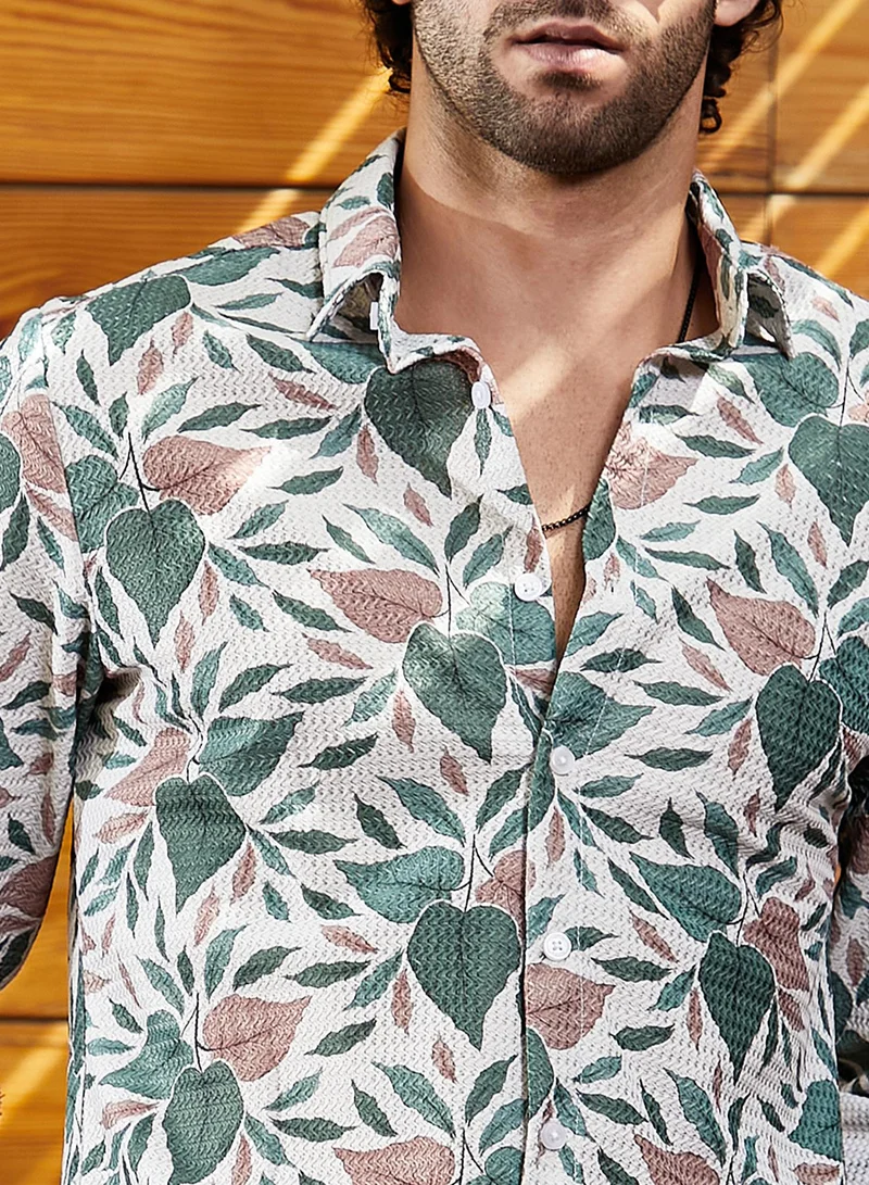 CAHOOT  Men's Forest Green & Off-White Foliage-Impressions Shirt for Men | Best Price UAE