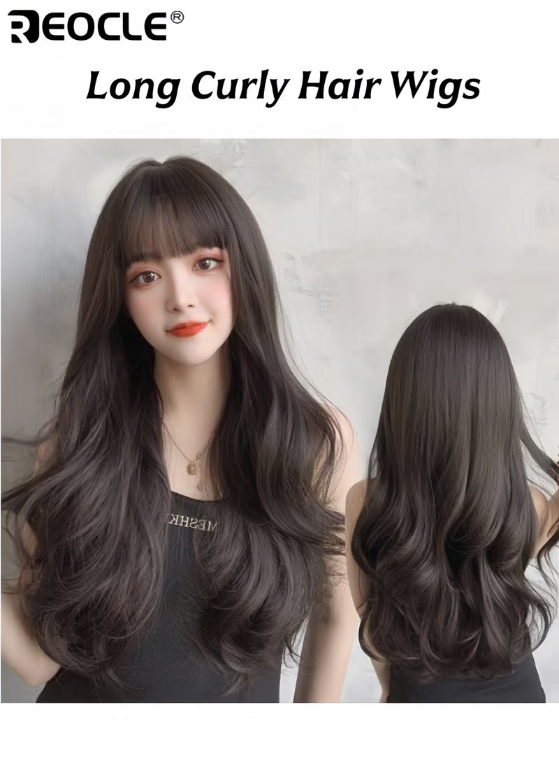 REOCLE Long Curly Hair Wigs for Women Brown Natural Curly Hair Heat Resistant Synthetic Wigs with Bangs and Wig Cap for Daily Party Cosplay Wear 55cm - Image 1