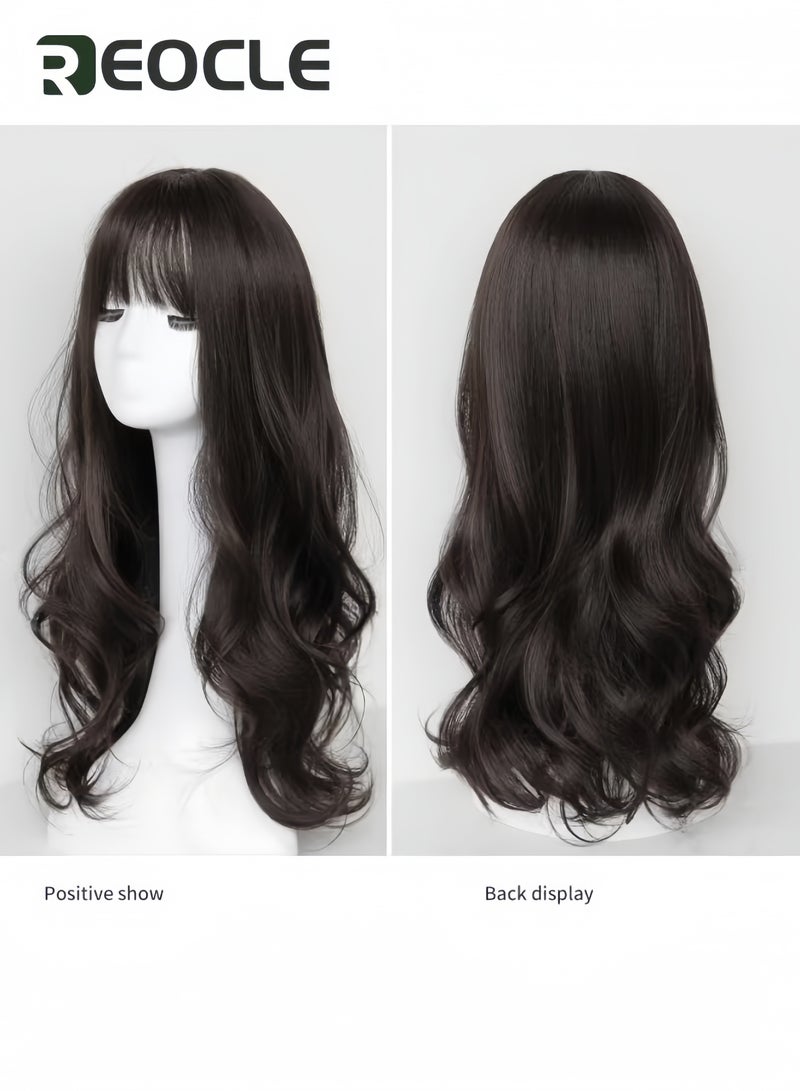 REOCLE Long Curly Hair Wigs for Women Brown Natural Curly Hair Heat Resistant Synthetic Wigs with Bangs and Wig Cap for Daily Party Cosplay Wear 55cm - Image 2