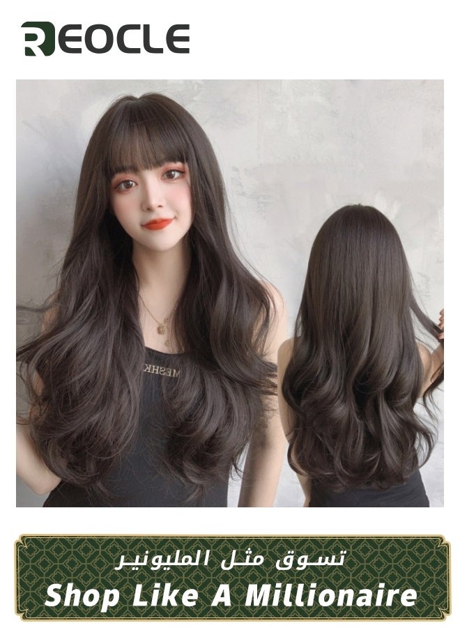 REOCLE - Long Curly Hair Wigs for Women Brown Natural Curly Hair Heat Resistant Synthetic Wigs with Bangs and Wig Cap for Daily Party Cosplay Wear 55cm - Image 1