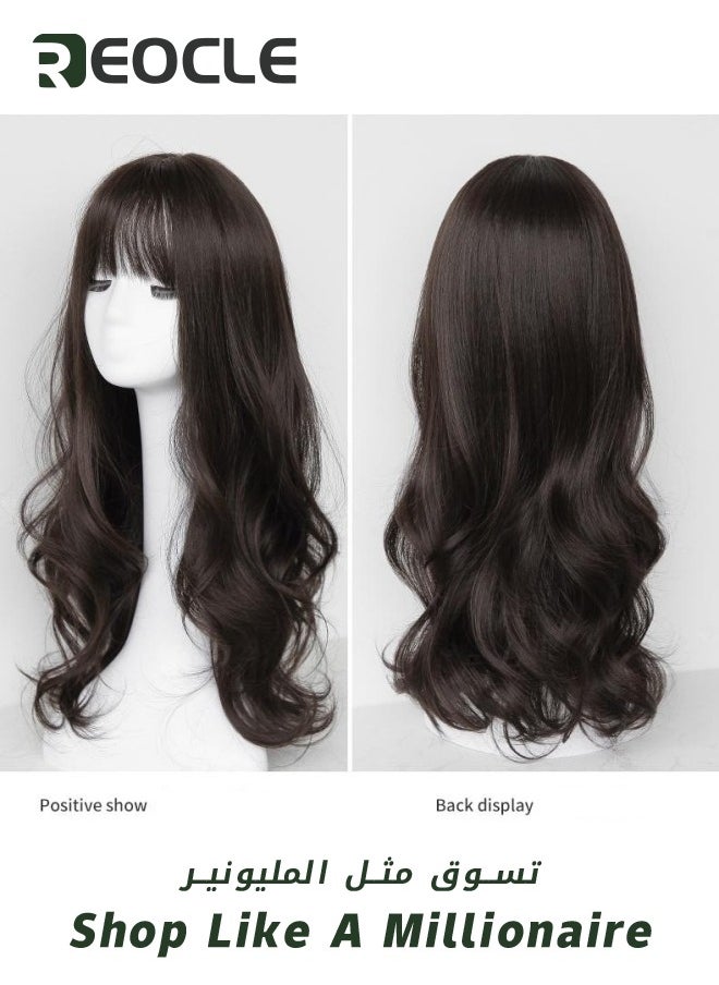 REOCLE - Long Curly Hair Wigs for Women Brown Natural Curly Hair Heat Resistant Synthetic Wigs with Bangs and Wig Cap for Daily Party Cosplay Wear 55cm - Image 1