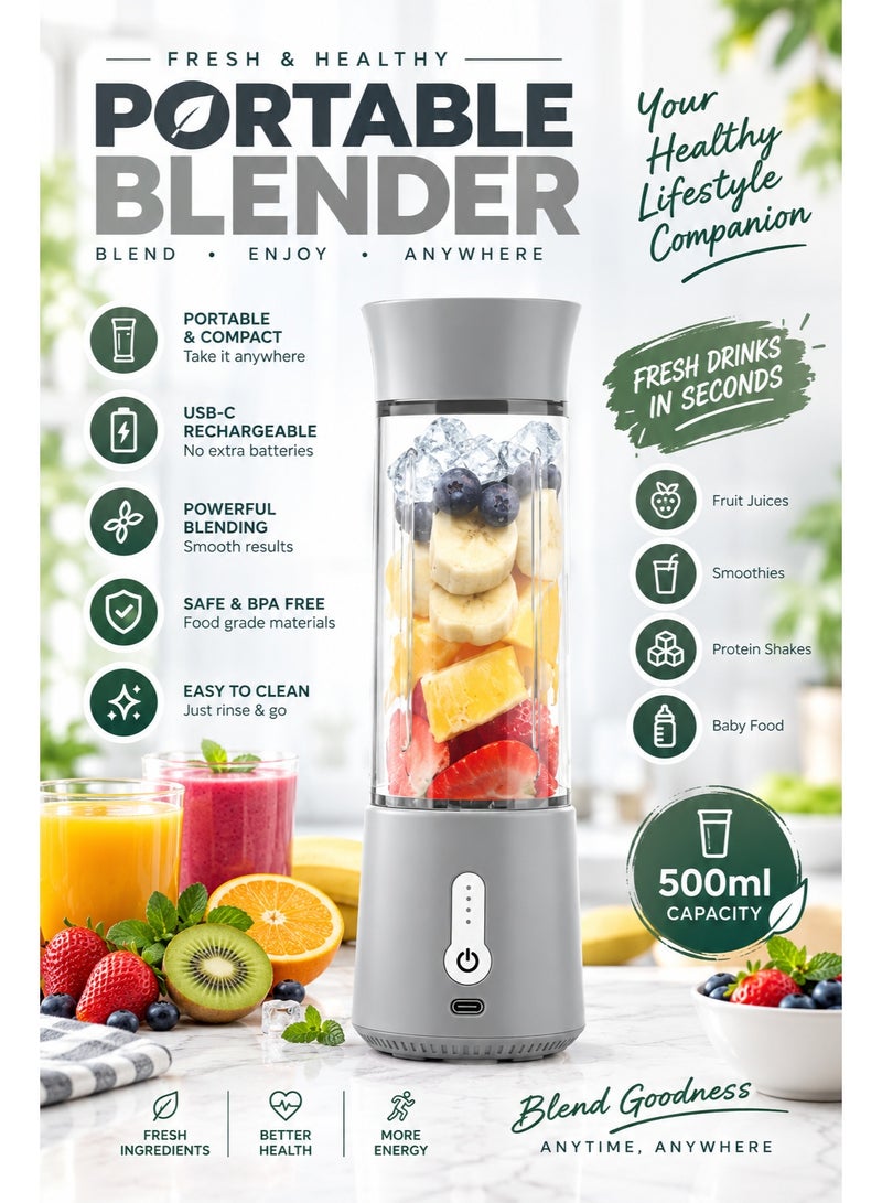 XVersion Portable Blender 500ML, Smoothie Blender, Portable Juicer Blender Smoothie Maker, Mini blender, High Speed 6-Blades for Office,Gym,Outdoor,Home,Travel,Baby Food Blender - Image 1