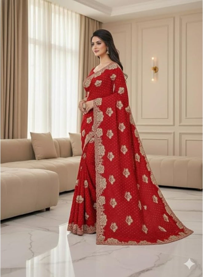 YASHIKA ساري ياشيكا النسائي من قماش الجورجيت المطرز مع قطعة بلوزة للارتداء التقليدي - Image 3