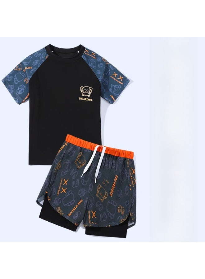 Loquat Children's Swimsuit Boys' Two-piece Boys' Swimsuit Middle And Large Teenagers Summer 2023 Double-layer Swimming Trunks Suit-Color:Orange Bear Swimming Cap Goggles Swimming Bag- - Image 1